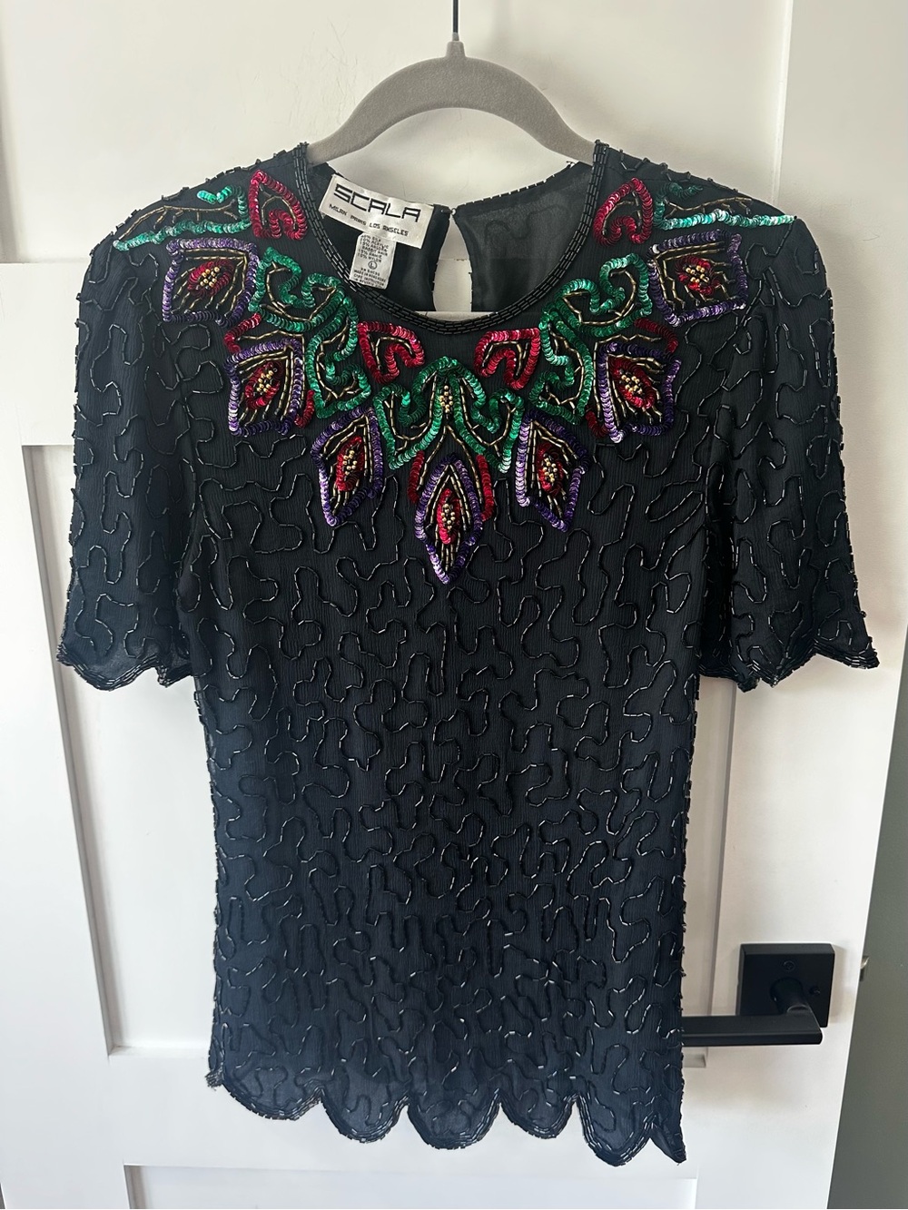 Scala Womens Black Silk Beaded Top Sequins Wedding Formal Evening Large Read